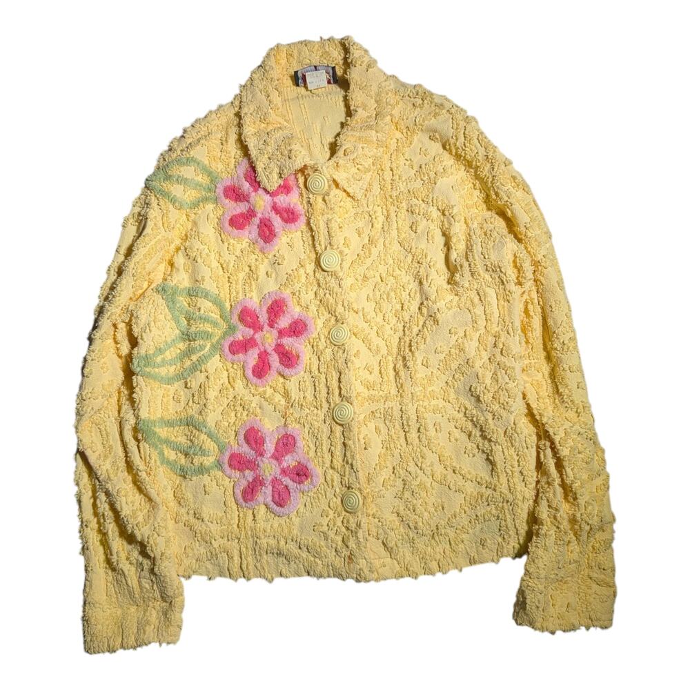 Vtg 1990s Scrap Work Yellow Pink Cotton Terry Floral Pattern Button Up Top Sz XS